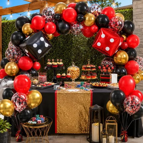 Vista 5 de Globos de Casino, Globos Metálicos Negros Rojos Dorados de 12 Pulgadas con Confeti y Dados de Lámina para Decoración de Fiesta Temática de Juego