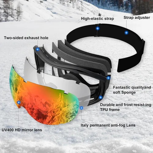 Vista 3 de SPOSUNE OTG - Gafas de esquí para hombres y mujeres, gafas de snowboard antiniebla, protección UV, gafas de nieve para adultos y jóvenes