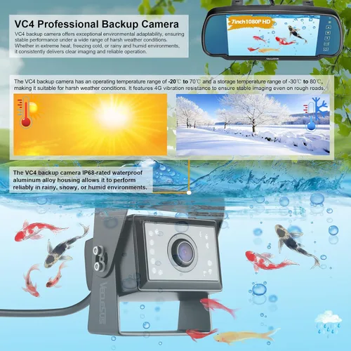 Vista 5 de Sistema de cámara de respaldo para camión, VECLESUS VBS 1080P Sistema de cámara de respaldo con monitor de espejo de 7 pulgadas, visión nocturna HD