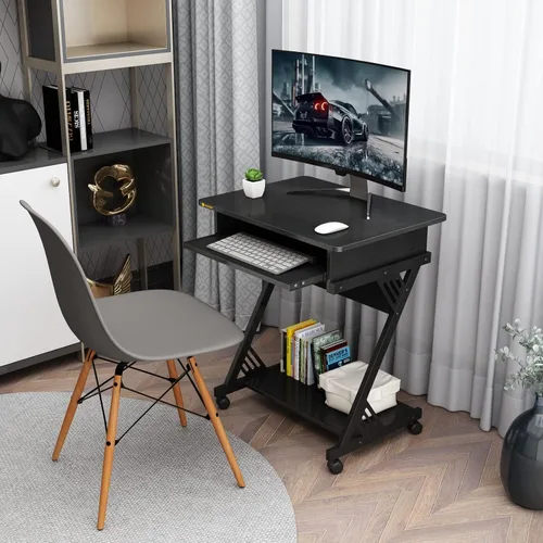 Vista 2 de Escritorio para computadora con bandeja para teclado, escritorio pequeño con ruedas de 23.6 pulgadas, carrito de computadora con almacenamiento