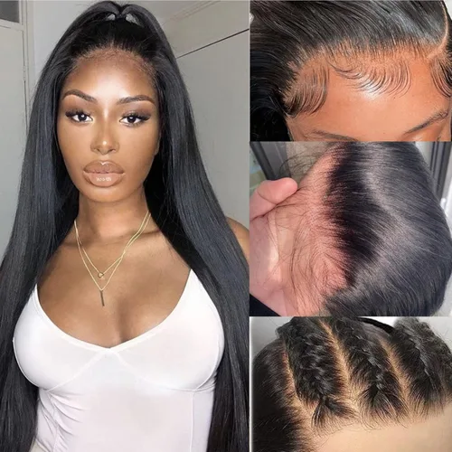 Vista 17 de Pelucas de encaje frontal rectas de cabello humano bunGiol pre arrancadas con cabello de bebé HD Pelucas de encaje frontal 13x4 sin pegamento