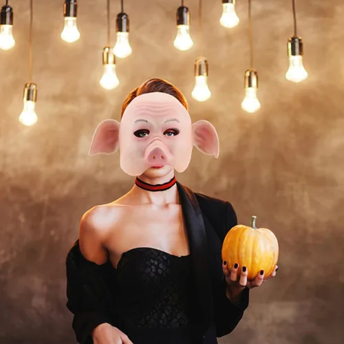 Vista 8 de Amosfun Máscara de cabeza de cerdo de Halloween, máscara facial de látex