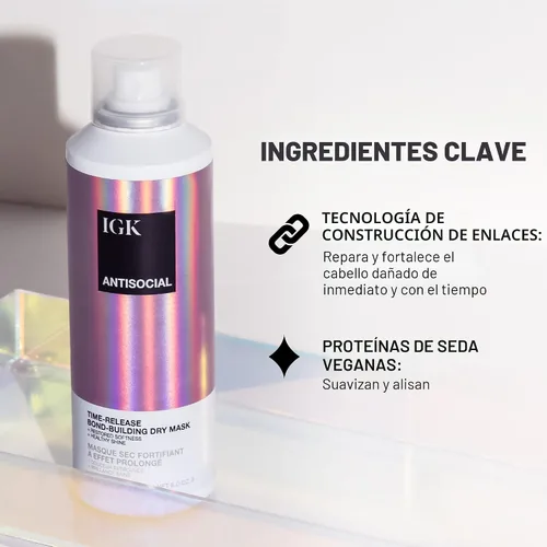 Vista 3 de IGK ANTISOCIAL Mascarilla Capilar Seca Reconstructora de Viaje Repara + Suaviza + Brilla Vegana + Libre de Crueldad 1.7 Oz
