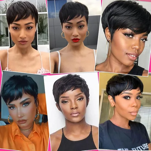 Vista 7 de Peluca de cabello humano con corte Pixie para mujeres negras, 100% cabello humano real, peluca corta y recta sin pegamento con flequillo, hecha a