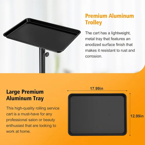 Vista 4 de Bandeja de salón con ruedas - Bandeja de tatuaje de aluminio premium con ruedas - Bandeja rodante ajustable para servicio de salón, carrito