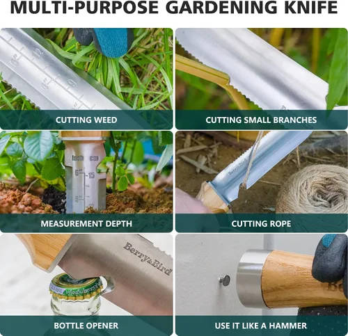 Vista 6 de Berry&Bird Hori Hori - Cuchillo de jardín multiusos con hoja afilada de doble filo de acero inoxidable de 7 pulgadas, cuchillo de tierra con funda