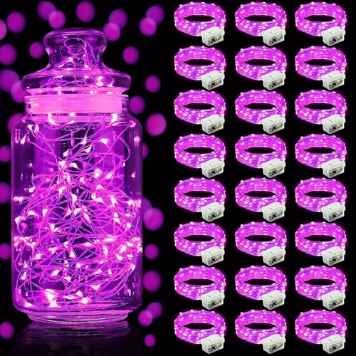 Vista 42 de Aogist Paquete de 24 luces de hadas, 3 modos, 2,1 metros, 20 luces LED, impermeables, cable plateado, funcionan con pilas, mini luces de alambre
