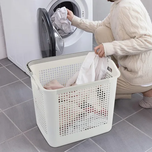 Vista 6 de Cesta de almacenamiento de ropa de plástico de 35 L, cesta de lavandería blanca con asa, paquete de 4 Dual side handles, easy to carry
