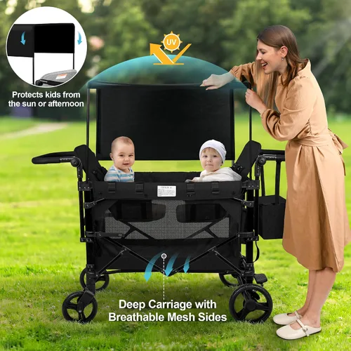 Vista 5 de VOOI Cochecito Vagón de 4 Asientos, Vagón para Niños, Cochecito Plegable W4 con Asientos con Arneses de 5 Puntos, Puerta con Cremallera de Fácil