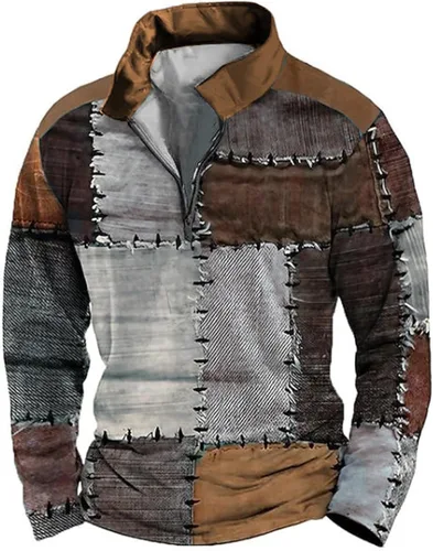 Vista 6 de Camisas Henley de manga larga para hombre, estilo vintage, desgastadas, casuales, cuello alto, talla grande, media cremallera, sudaderas