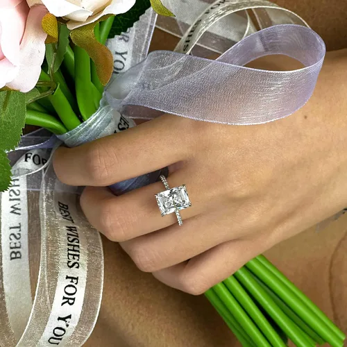 Vista 8 de michooyel S925 - Anillo de compromiso de circonita cúbica de corte radiante de 4 quilates anillo de compromiso de boda de plata de ley para mujer
