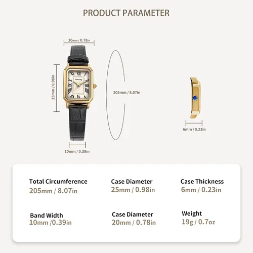 Vista 5 de LEO RING Relojes dorados para mujer, reloj analógico de lujo, delicado y moderno, pequeño, de cuero marrón, caja rectangular, esfera romana