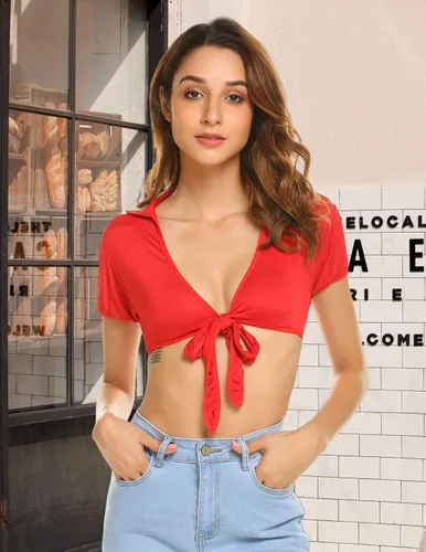 Vista 6 de Avidlove Lencería para mujer, ombliguera con lazo, camisa de cosplay, manga corta, bolero, cárdigan