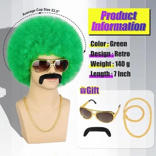 Vista 6 de Peluca de cabello sintético corto y rizado para hombre, para disfraz de Halloween, cosplay Verde