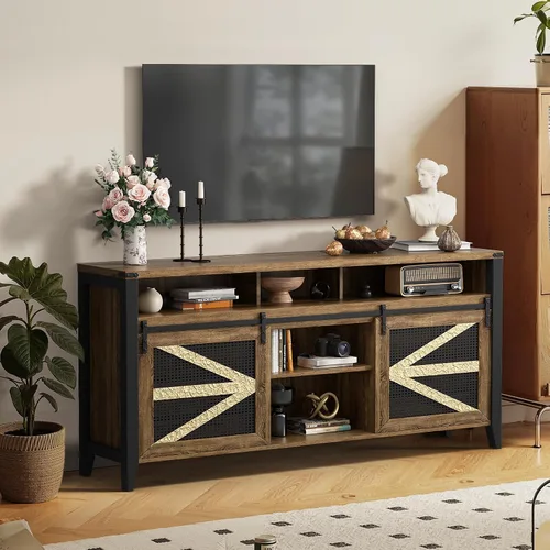 Vista 17 de VFK Soporte de TV de esquina de estilo granja para TV de 50 pulgadas, centro de entretenimiento rústico con almacenamiento, mesa de consola