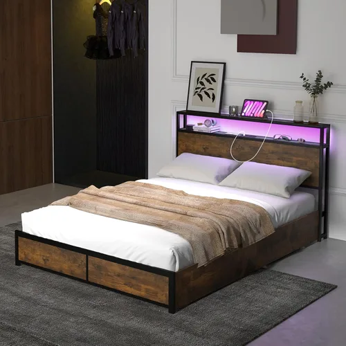 Vista 8 de Giantex Base de cama matrimonial con cabecero de luces LED y 4 cajones de almacenamiento, plataforma de metal con tomas de corriente y puertos USB