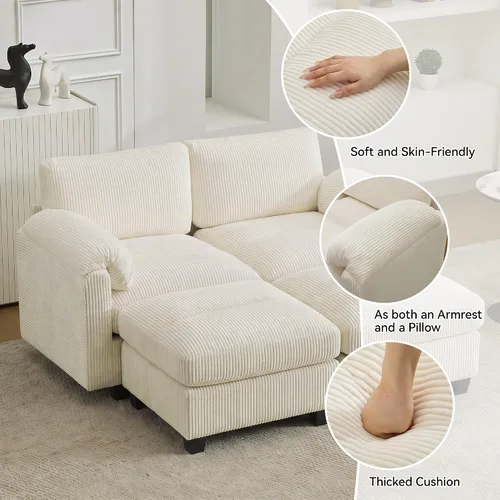 Vista 3 de Sofá modular de 61 pulgadas con otomana, asiento extra profundo para sala de estar, sofá de asiento profundo de pana con almohadas para Beige