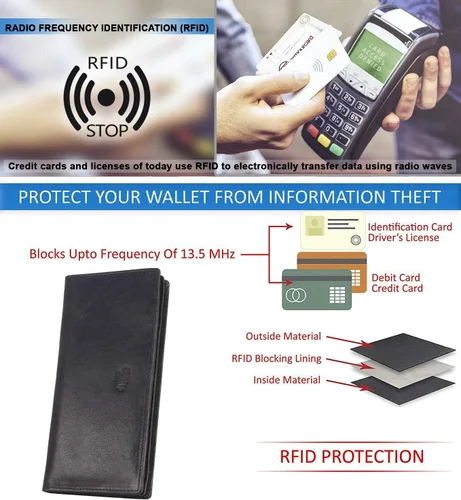 Vista 6 de Mou Meraki Cartera larga plegable de cuero genuino para hombre con bloqueo RFID