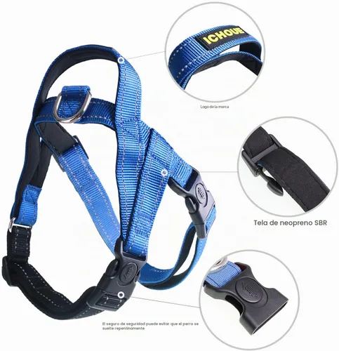 Vista 3 de iChoue Arnés para bulldog francés, ajustable, acolchado, hebilla bloqueada con asa para perros carlino francés, Boston Terrier inglés, azul, talla S
