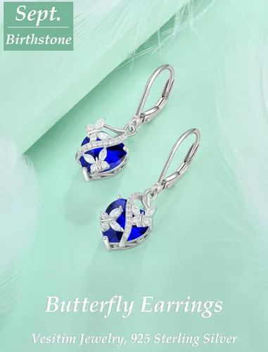 Vista 4 de Aretes de mariposa para mujer, plata de ley 925, aretes de corazón con piedra natal
