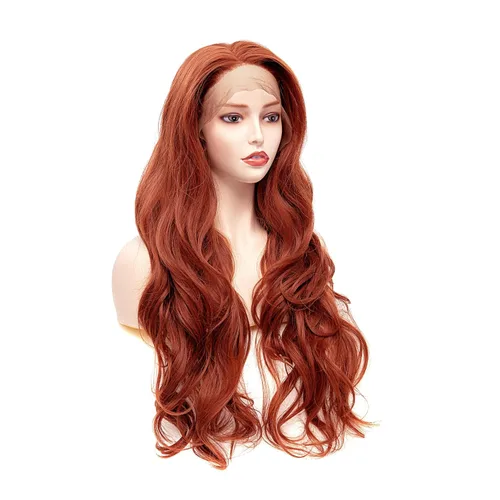 Vista 6 de Rugelyss Peluca de cabello sintético de 24 pulgadas de largo, color rojo cobrizo sin pegamento, parte libre de ondas naturales, parte libre de área
