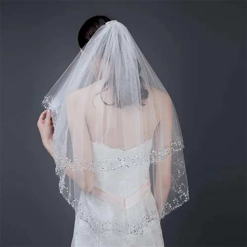 Vista 3 de FIXRIMCH Velos de boda para cubrir la cara, velo de tul 2T con cuentas para despedida de soltera, blanco