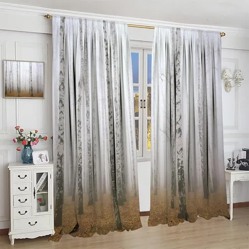 Vista 4 de Cortinas de abedul para sala de estar, niebla matutina en otoño, decoración del hogar, 42 x 45 pulgadas de largo