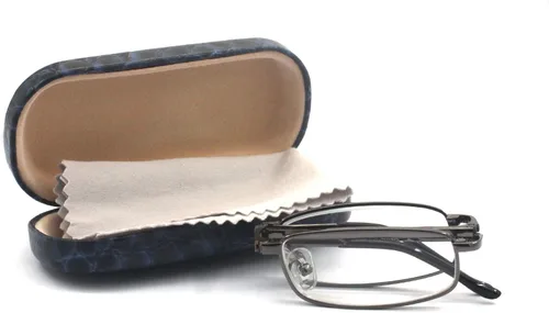 Vista 9 de Gafas de lectura plegables de metal rectangulares compactas con estuche de cuero para hombres y mujeres