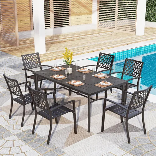 Vista 12 de PHI VILLA Juego de comedor al aire libre de 7 piezas para 6, mesa rectangular de metal negro de 60 pulgadas con agujero para sombrilla y sillas