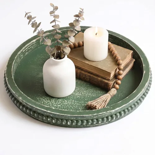 Vista 18 de Hrastany Bandeja de Servir Rústica de Madera con Cuentas, Bandeja Decorativa de Granja en Negro para Centro de Mesa, Decoración Navideña de Boda