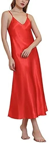 Vista 2 de Amlztr Camisón de satén para mujer, vestido largo para dormir, camisones de seda con cuello en V