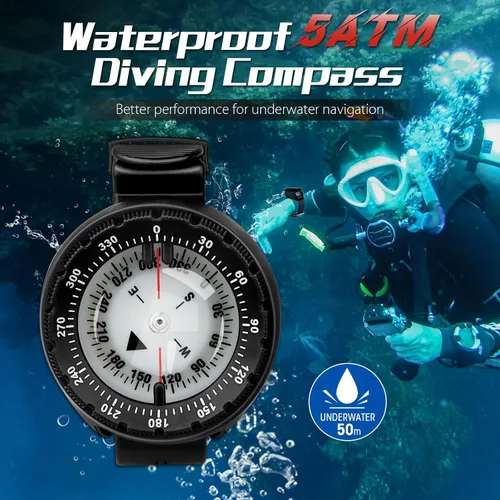 Vista 3 de Brújula de buceo, brújula de buceo profesional impermeable 5ATM con banda de TPU para deportes al aire libre, buceo, vela, senderismo, supervivencia