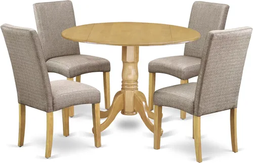 Vista 17 de East West Furniture DLDR5-BLK-24 - Juego de mesa de comedor moderno de 5 piezas, incluye una mesa redonda de madera con gotas y 4 sillas tapizadas