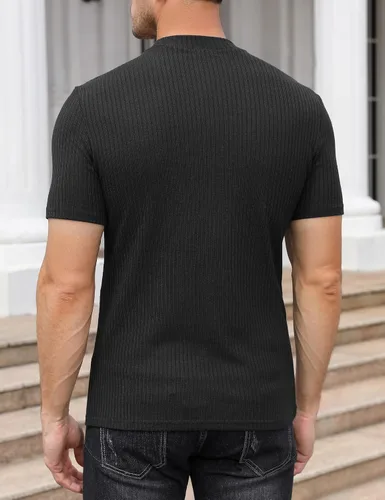 Vista 2 de TURETRENDY Men's Stretch Muscle T Shirts Short Sleeve Solid Color Knit Tees Casual Slim Fit Basic Shirt Tops