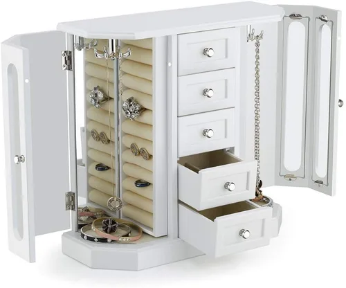 Vista 6 de RR ROUND RICH DESIGN Joyero de madera maciza con cajones de almacenamiento grandes, marrón y blanco