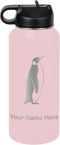 Vista 39 de LaserGram Botella de agua personalizada, pingüino, acero inoxidable de doble pared aislada al vacío con popote superior, regalo grabado