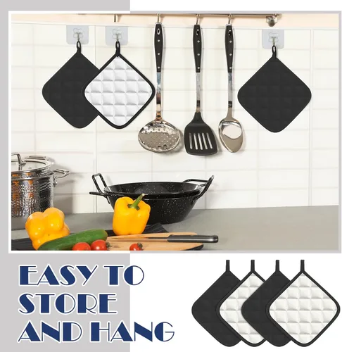 Vista 5 de Bokon 12 Pcs Pot Holders for Kitchen, Black Potholders Sets, Heat Resistant Cotton Hot Pad Oven Mitts Trivet with Hanging Loops for Baking Cooking