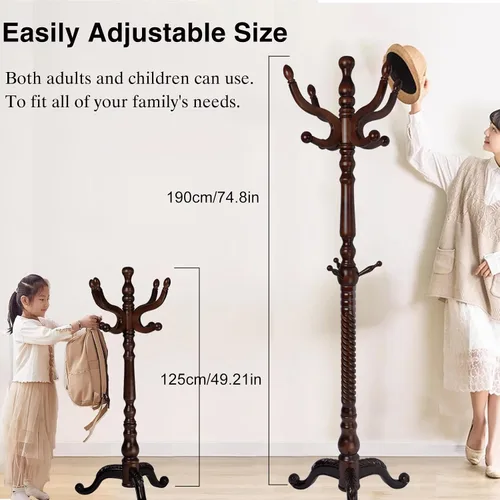 Vista 5 de Perchero de madera independiente, colgador de árbol de pasillo con ganchos de resina, perchero ajustable y resistente para colgar ropa, bolsos