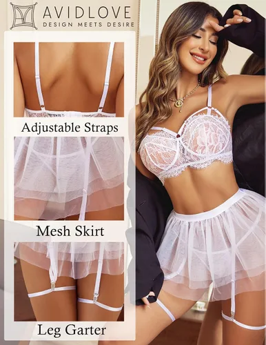 Vista 3 de Avidlove Lencería de encaje para mujer, minifalda de malla, ropa de noche, babydoll
