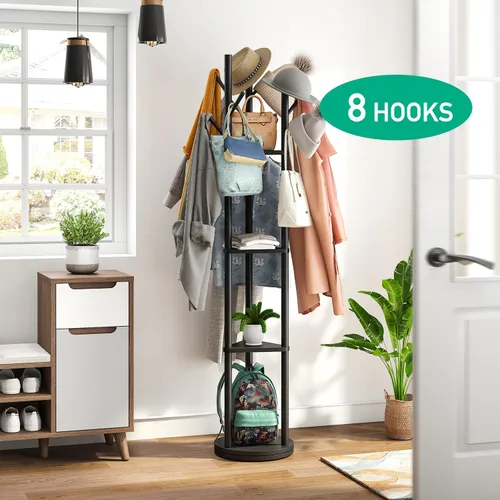 Vista 3 de kiplant Perchero giratorio con 8 ganchos, árbol de madera de bambú negro para ropa, bolsos/sombreros, perchero grande independiente para entrada