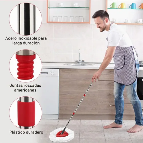 Vista 6 de Cabezal de repuesto para trapeador giratorio con 1 base giratoria y 1 mango. Recambios de fregona EasyWring compatibles con SpinMop triangular