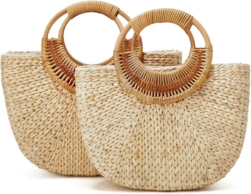 Vista 3 de Bolso de mano para mujer y niña, bolso de mano de paja tejido de moda, bolso de hombro, bolso de playa, bolso de luna, bolso de cubo de verano 2023
