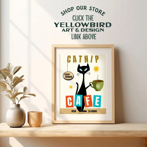 Vista 4 de Arte moderno de gato de mediados de siglo, arte de pared de cocina, decoración de comedor, bonito arte de pared de gato y decoración, decoración