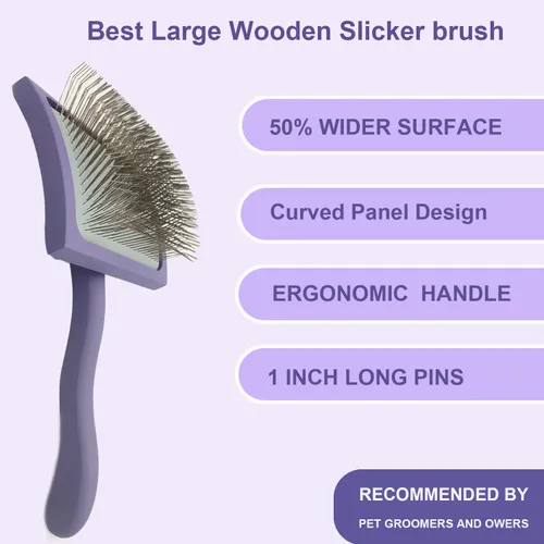 Vista 3 de Slicker - Cepillo ergonómico con mango de madera para caniches, Goldendoodles y otros perros de pelo largo (morado)