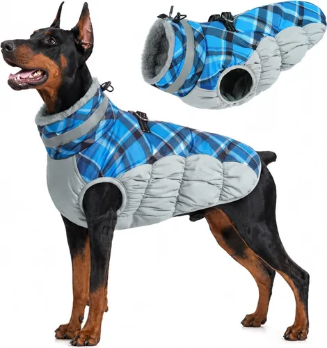 Vista 26 de Lelepet Abrigo cálido para perro, abrigo de invierno para perro, chaqueta impermeable para perros con arnés integrado reflectante de forro polar