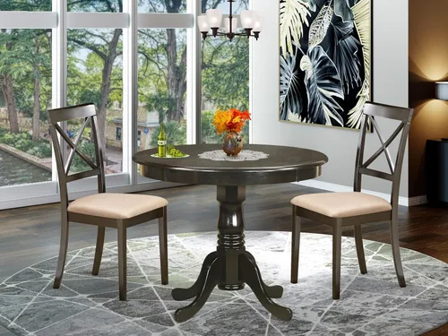Vista 2 de East West Furniture ANBO3-CAP-C Juego de mesa de cocina de 3 piezas para espacios pequeños contiene una mesa de comedor redonda con pedestal y 2