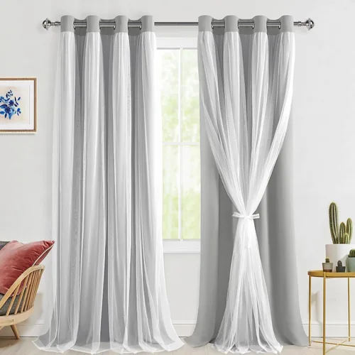 Vista 12 de Hiasan Cortinas opacas con superposición transparente, aislamiento térmico para mezclar y combinar de doble capa, cortinas de oscurecimiento de Beige