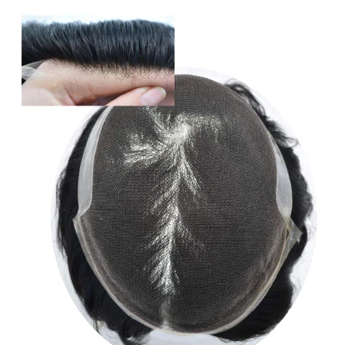 Vista 4 de Tupé de encaje suizo para hombres, piezas de cabello humano real, encaje frontal, sistema de reemplazo de cabello tipo tupé, nudo blanqueado, línea