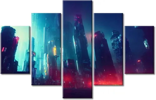 Vista 82 de Cuadros de 5 paneles de Cyberpunk City, arte de pared, representación de vallas publicitarias, edificios modernos en la capital con obras de arte