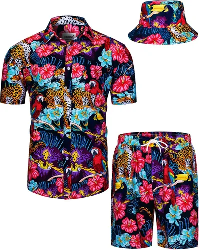 Vista 21 de TUNEVUSE Conjunto de camisas y pantalones cortos hawaianos para hombre, 2 piezas, trajes de playa con estampado de flores, traje tropical de verano